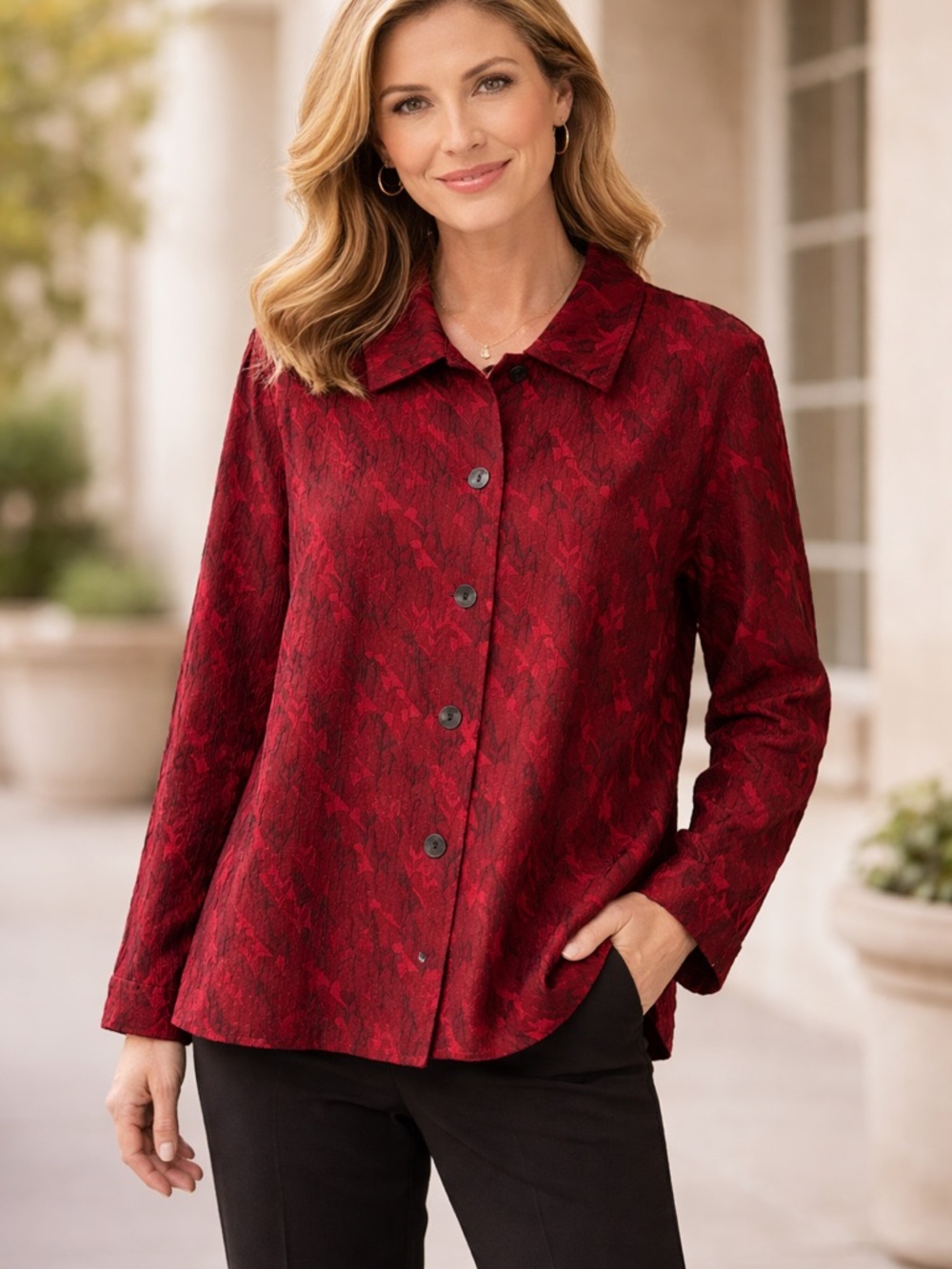 NWT Cold Water Creek A Hint of Leaf Women’s Red Jacquard Jacket Whimsigoth Small